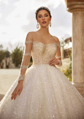 buy Classy Off The Shoulder Shimmering A line Princess Wedding Gown With Long Sleeves