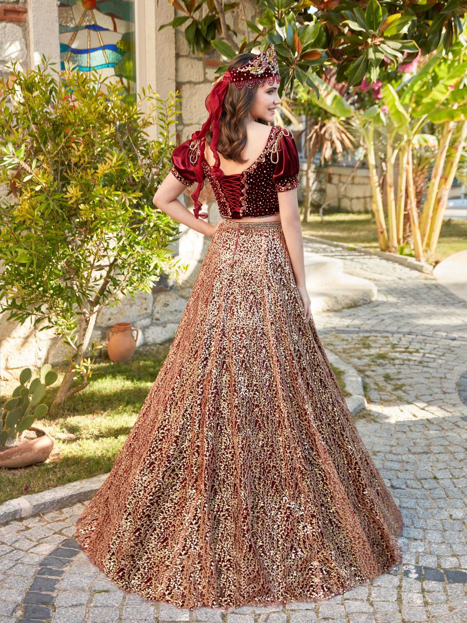 buy Gold Sequin Puffed Sleeves Red Mehndi Party Dress online kaftans wedding party dresses