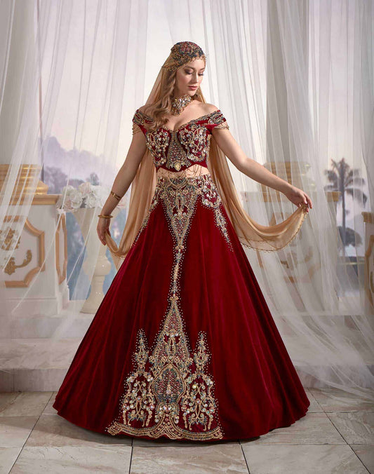 Red Chic Caftan Set Slit Skirt Belly Open Velvet Delicate Sequins buy online shopping (2)