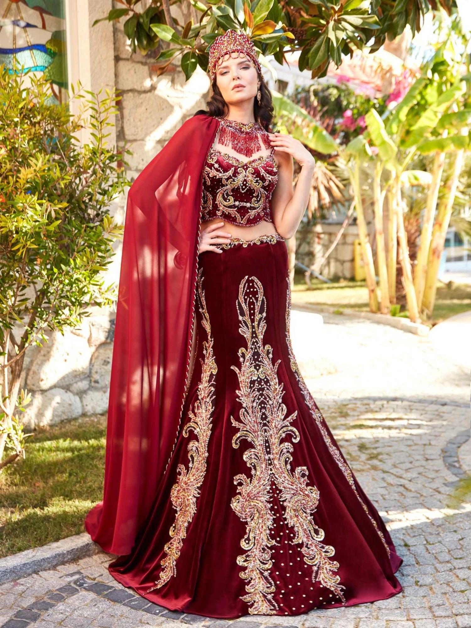 red designer dresses Eternal Blossom Gown Teuta Matoshi The cape adds an enchanting touch Women's Red Designer Dresses |