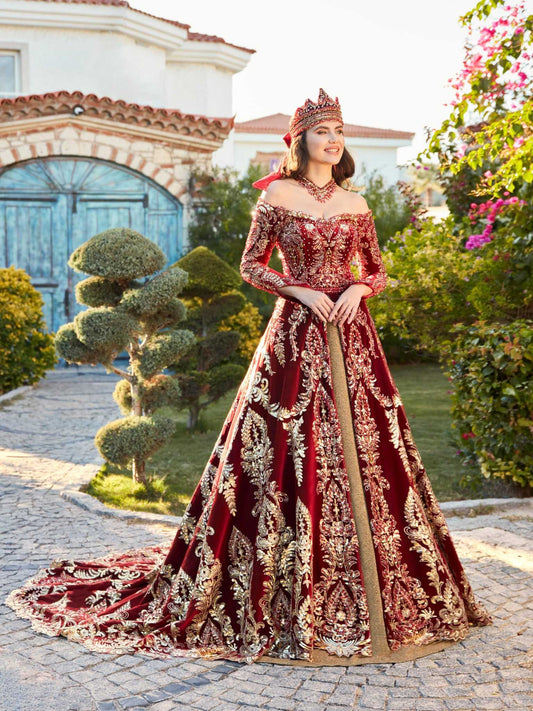 buy Red Off Shoulder Heavily gold Embroidered Long Tail A Line wedding prm henne Dress for women online shopping