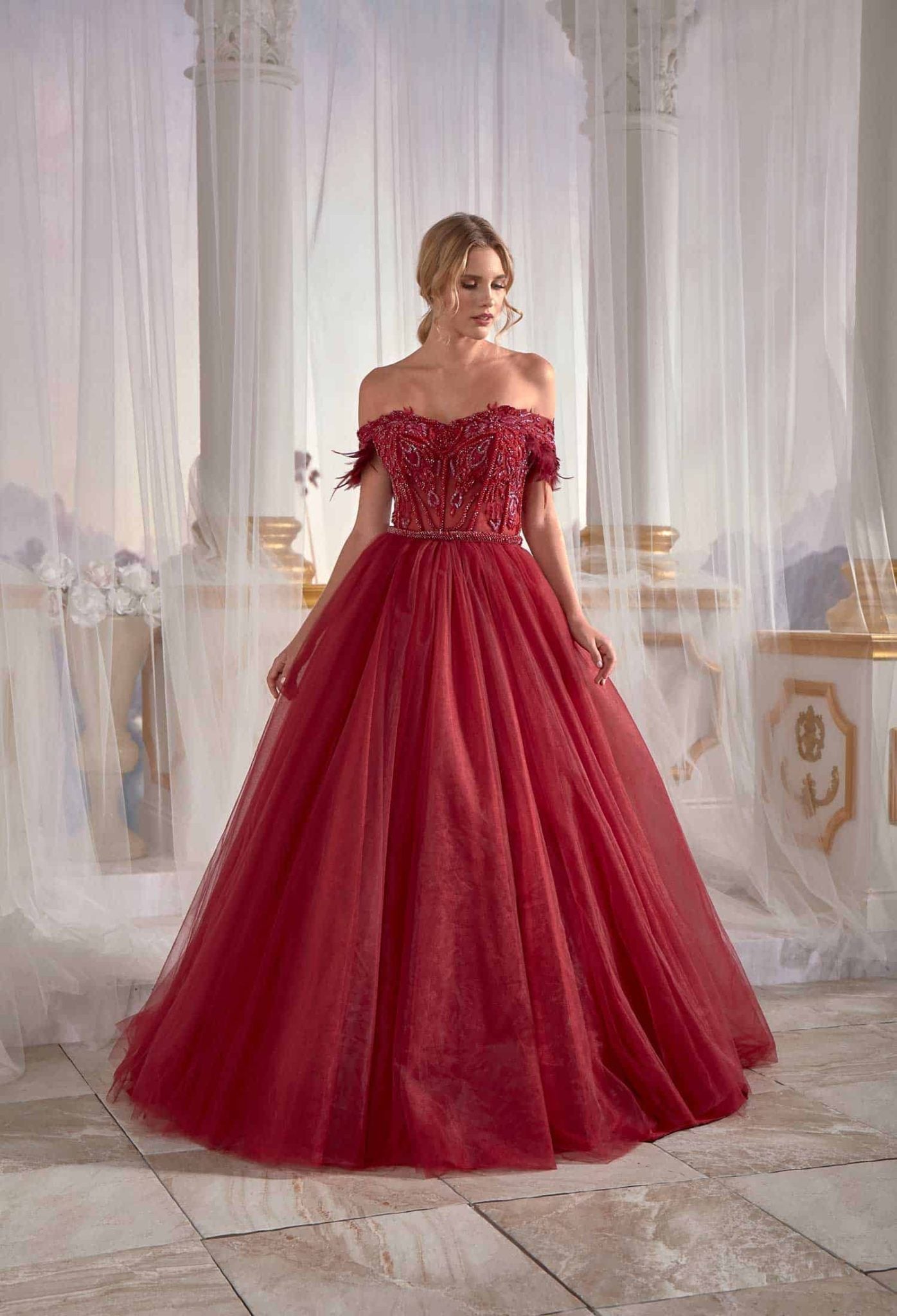 Red Prom Dress Pleated Embellished Top Detail Cold Shoulder Appliques Sultan Dress Red Prom Dress Pleated Embellished Top Detail Cold Shoulder Appliques Sultan Dress