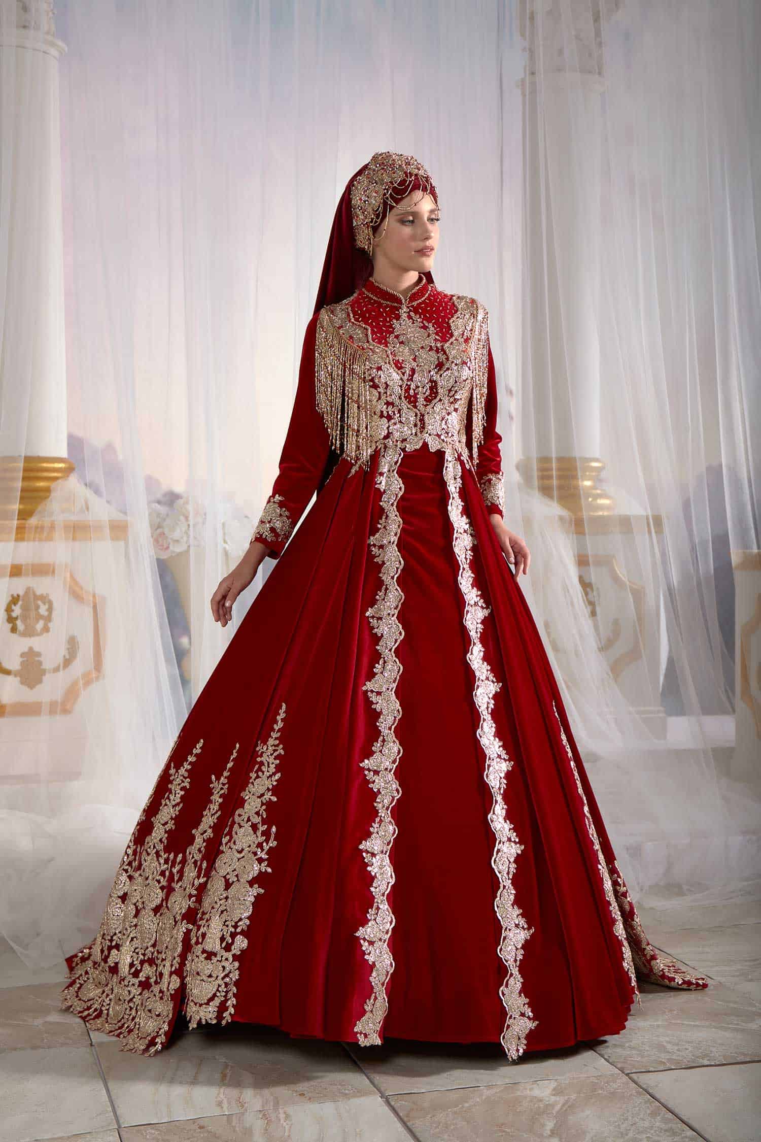 buy Red Fancy Gold Beaded Stunning Hijab Muslim Women Party Formal Gown