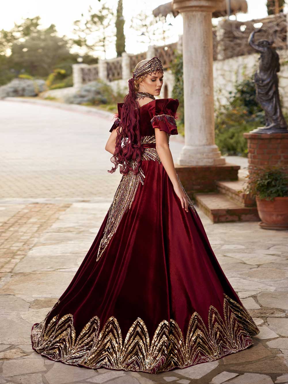 buy Burgundy Red Velvet Wedding Sequins Beaded Embellished Party Kaftan Gown Set