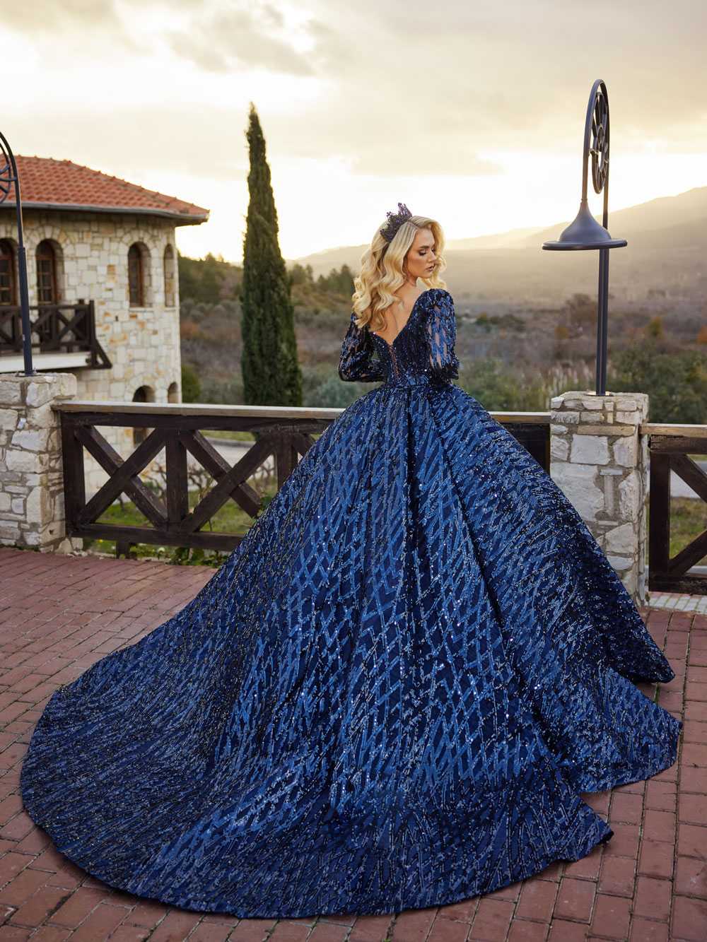 buy full sequins long sleeve blue sparkly shinny royal train evening ball gown plus sizes affordable price online gowns
