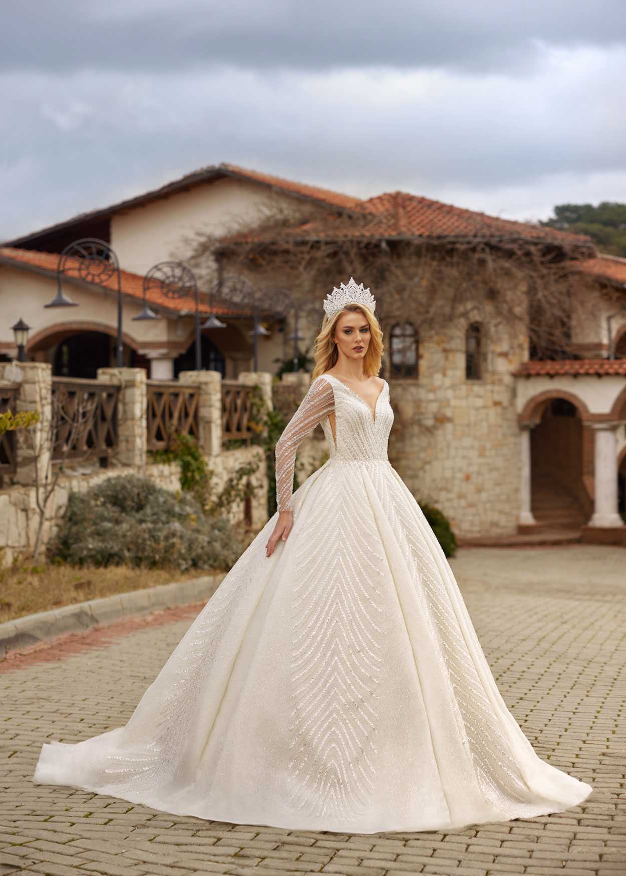buy Simple Yet Elegant Sparkling A Line Train Wedding Gown With Long Sheer Sleeve for petite brides bridal dress boutiques online