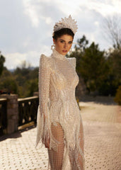 buy Luxury Glitter Ivory Lace Fringed Long Sleeve Mermaid Style Wedding Gown wedding dresses online