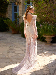 603_White Fitted Full Sequinned Long Sleeve Party Dress (2)
