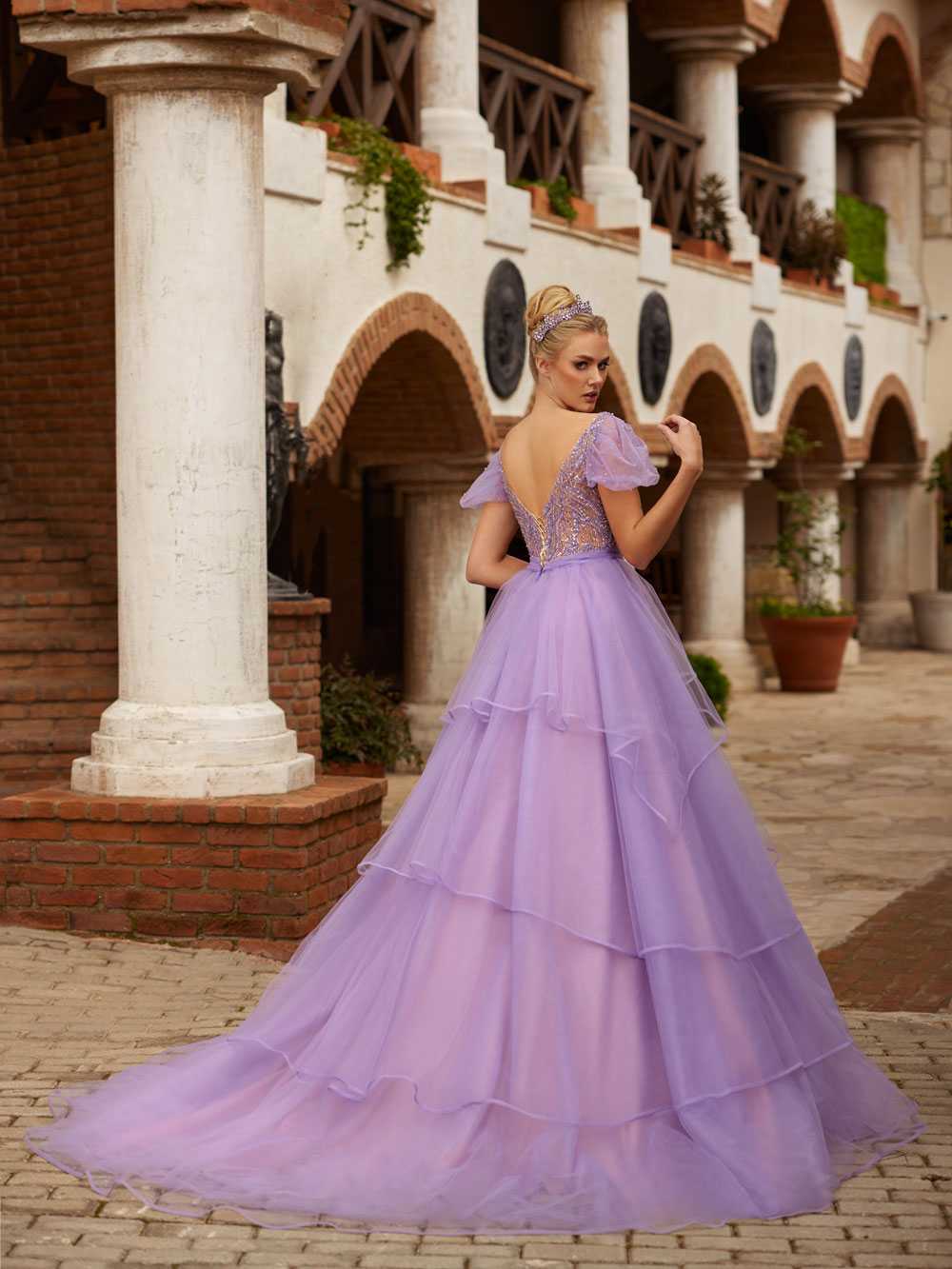 V Neck Puffed Sleeve Lilac Lace Tulle Embellished Long Party Dress