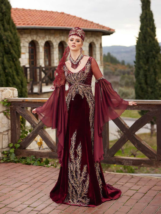 Velvet Long Fitted Gold Lace Tulle Sleeve Henna Party Formal Evening Dress 516 (1)