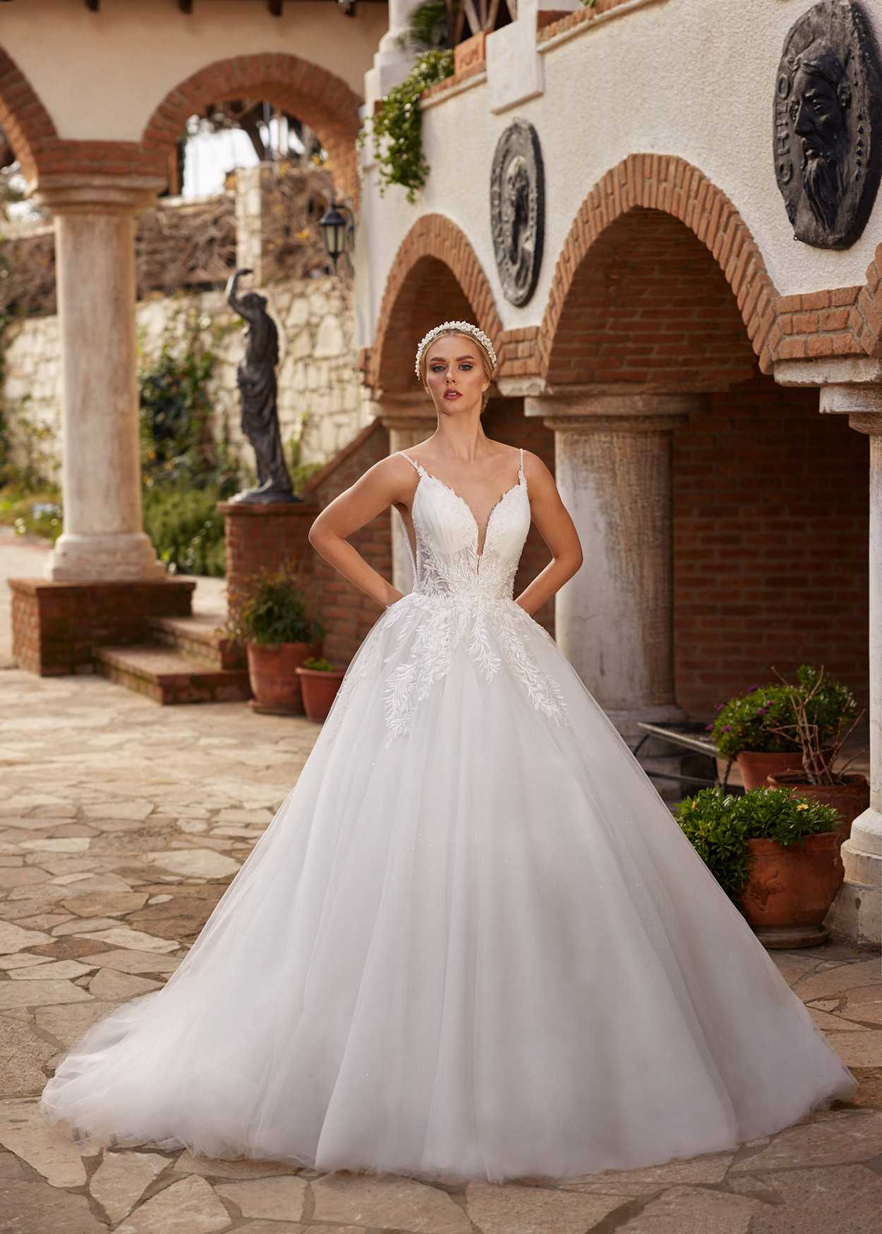 Modest Romantic Boho Deep V Neck Floral Lace Corset Bridal Dress