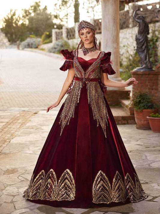 buy Wedding Sequins Red Velvet Beaded Party Kaftan Gown Set for henna bride