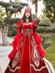 buy Red Gold Lace Appliques Heavy Handwork Long Arabic Turkish Wedding Kaftan Dress With Long Frill Sleeves