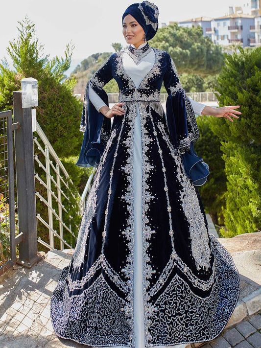 arabic navy blue hand embroidery long islamic abaya kaftan bridal dress (3)