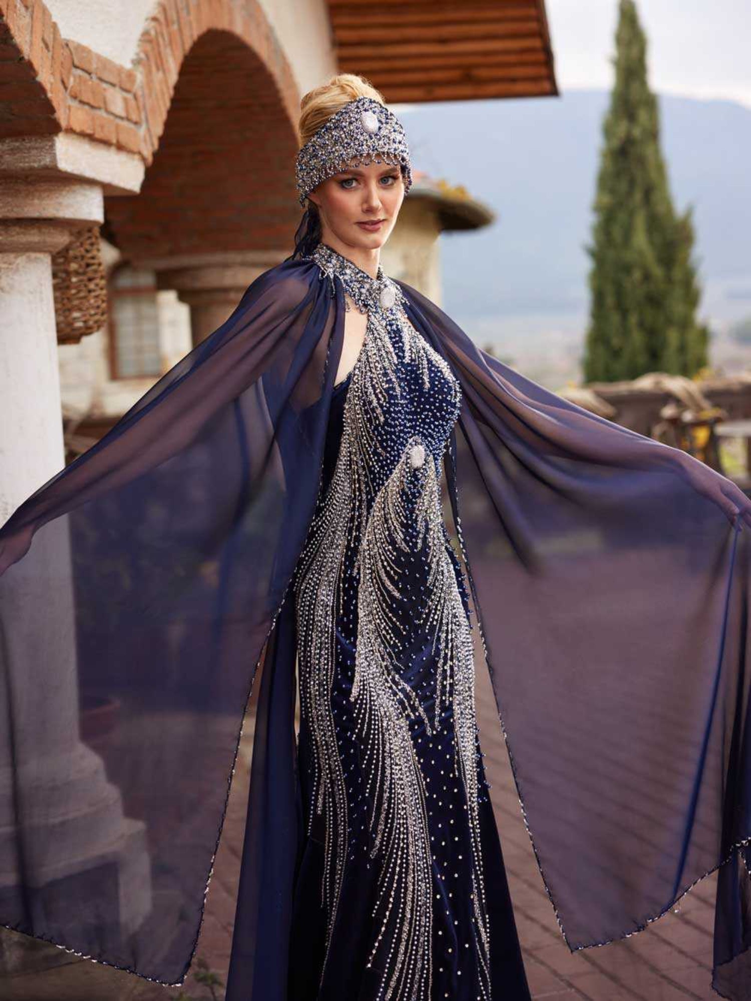 Beaded Pearl Embellished Long Fitted Cape Formal Evening Dress 44