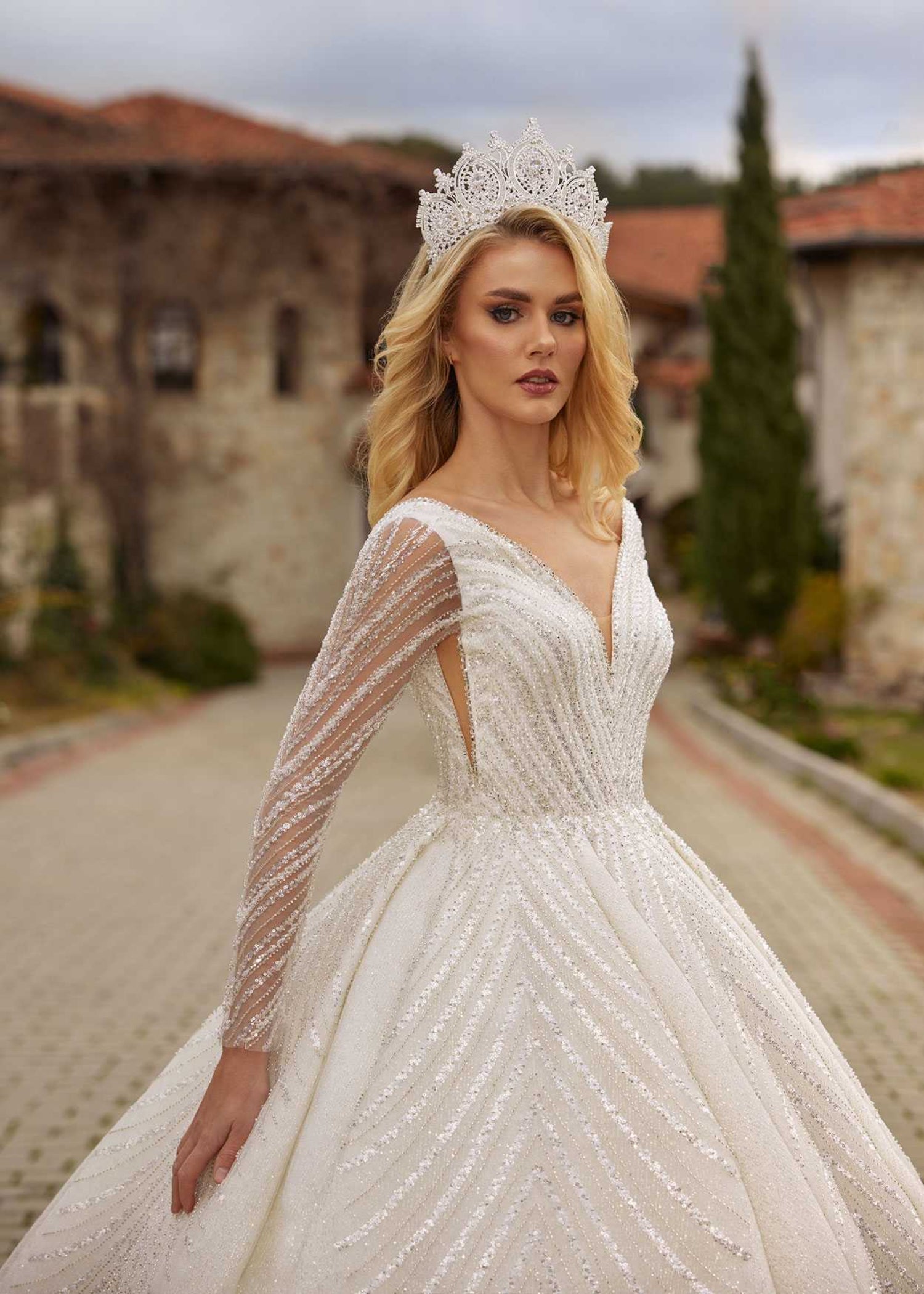 Fancy Long Sheer Long Sleeve A line Princess Bridal Gown With Sparkling 44