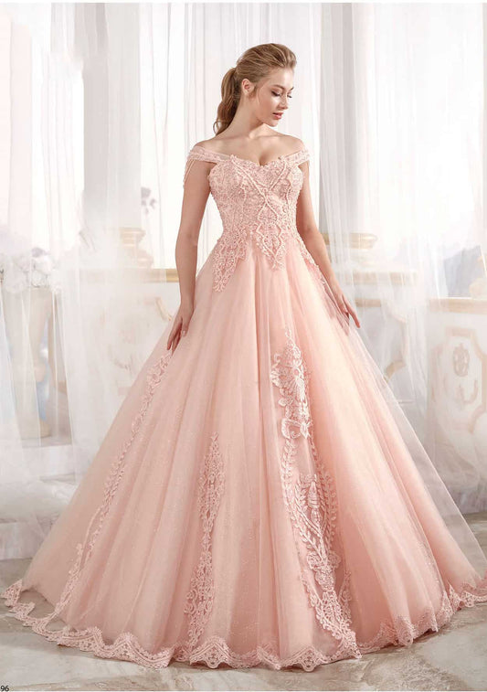 buy evening dresses online Pale Yellowish Prom Dress Cold Shoulder Tulle Dress Open Back Guipure Lace Embellished Appliques (1)