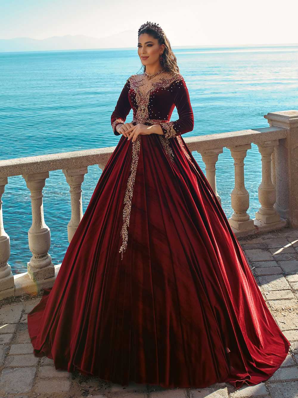 Red Velvet Long Kaftan Ball Gown Dress - 36 Red Velvet Long Kaftan Ball Gown Dress - 36