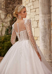 buy Romantic A-Line lace tulle Gown With Illusion Long Sleeves