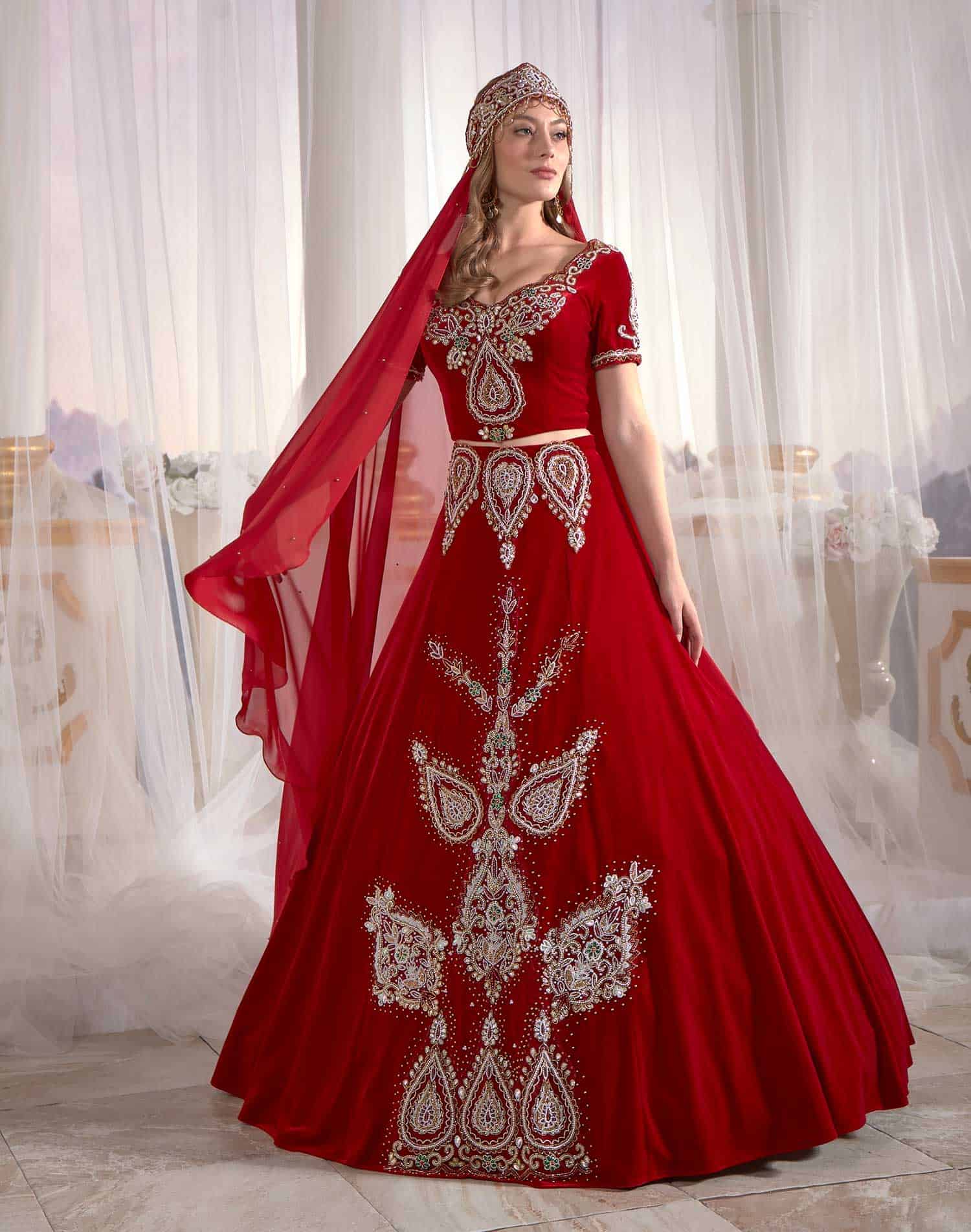 red bride dress Red Handwork Sequins Silver Embroidery Long Bridal Caftan Set – Sultan Dress
