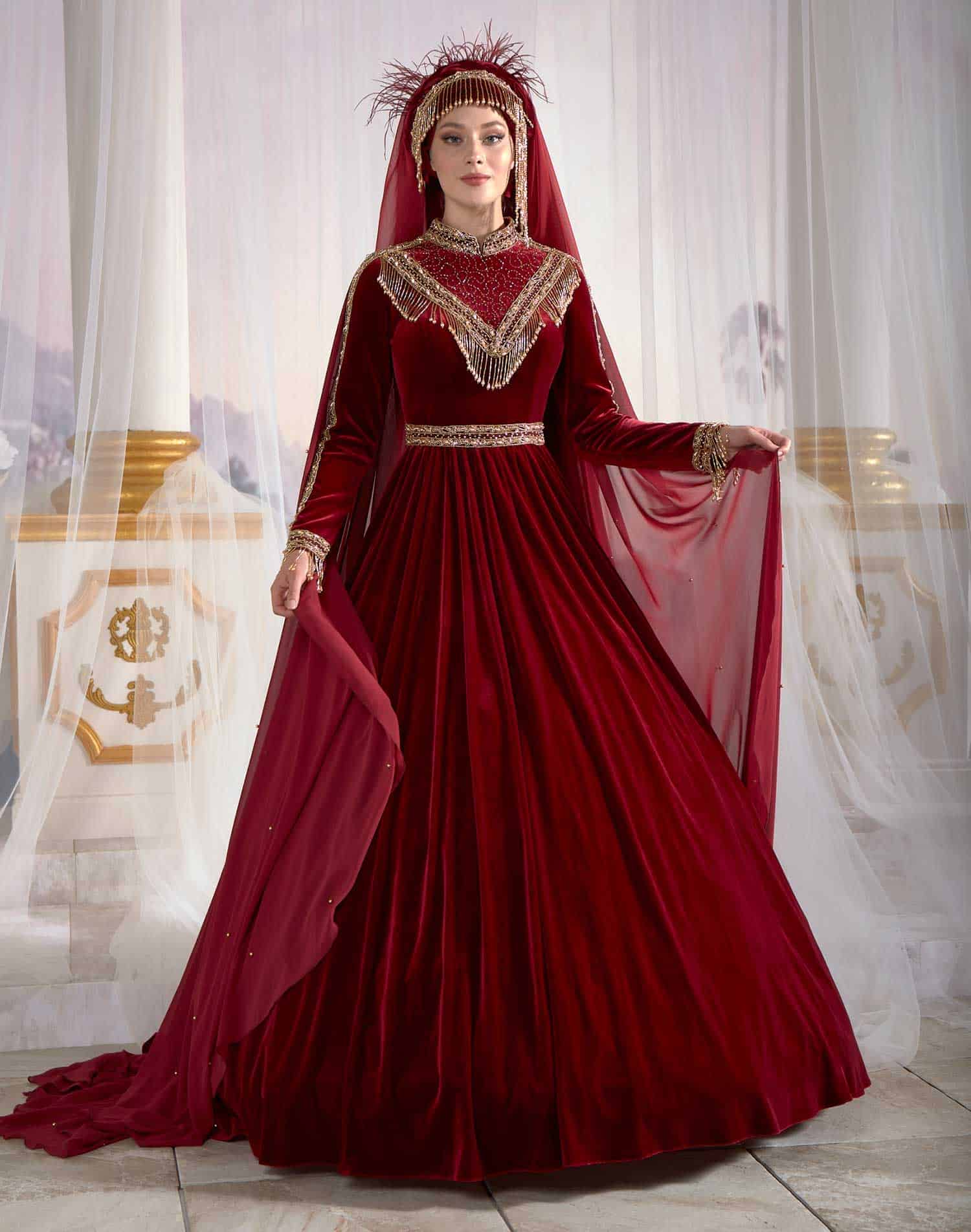 Dark Red Long Sleeve Velvet Caftan Gown