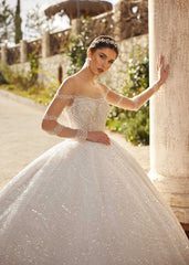 buy Elegant Volumed Illusion Lace Glitter Bridal Princess Wedding Gown With Sleeves