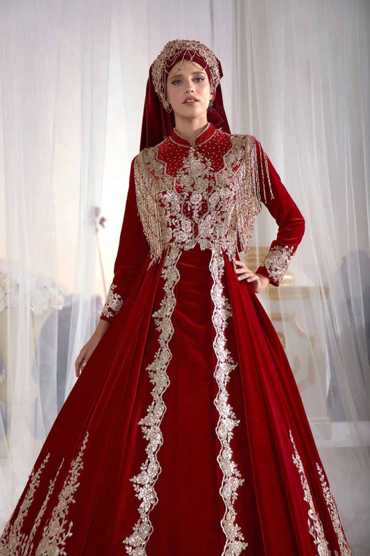 buy Red Islamic Caftan Dress Embellished Long Sleeve