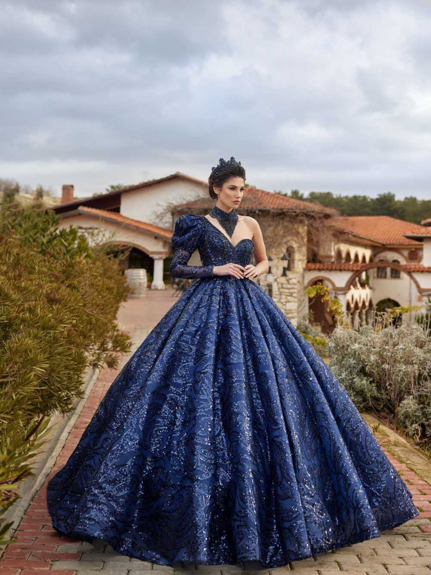 Royal Blue One Shoulder Sequin Princess Ball Gown Dress 40