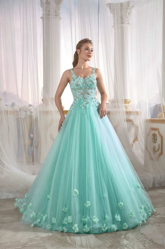 long gown dresses online shopping dresses Eau De Nil Tulle Engagement Dress Pleated Open Back Embellished Top Detail Cold Shoulder (5)