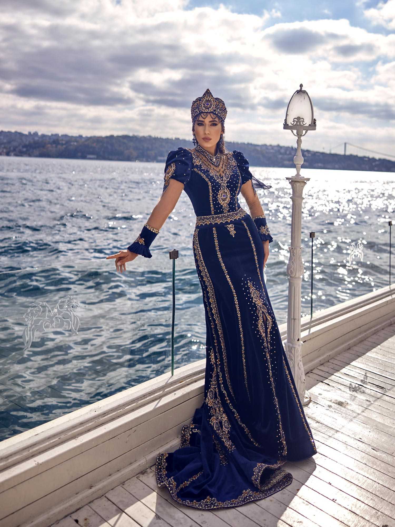 Navy Blue Long Tail Ethnic Slash Night Dress Caftan Sultan Dress Navy Blue Long Tail Ethnic Slash Night Dress Caftan Sultan Dress