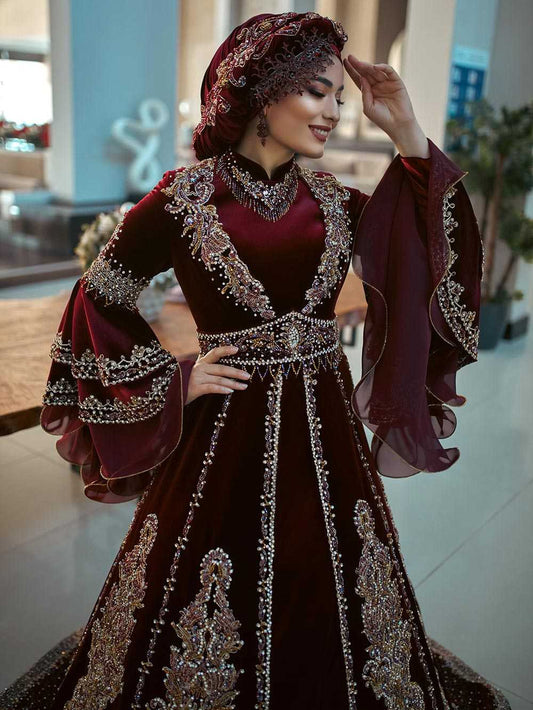 ottoman Henna night party ball gown kaftan dresses with long frill sleeves (3)