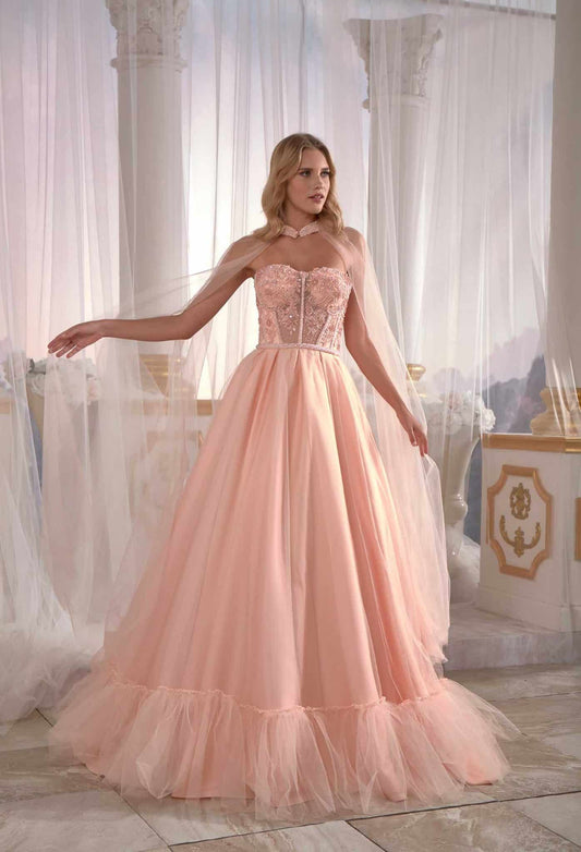 prom dress shopping Pale Yellowish Satin Prom Dress Luxury Cold Shoulder Pleated Embellished With Tulle Cape Back (3)