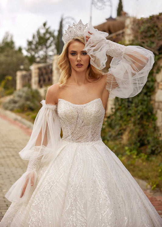 buy Dream Puff Detachable Tulle Sleeves Bohemian A Line Wedding Dress