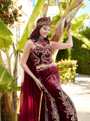 buy red velvet cape strap sleeves gold embellished trumpet öehndi party dress online websites