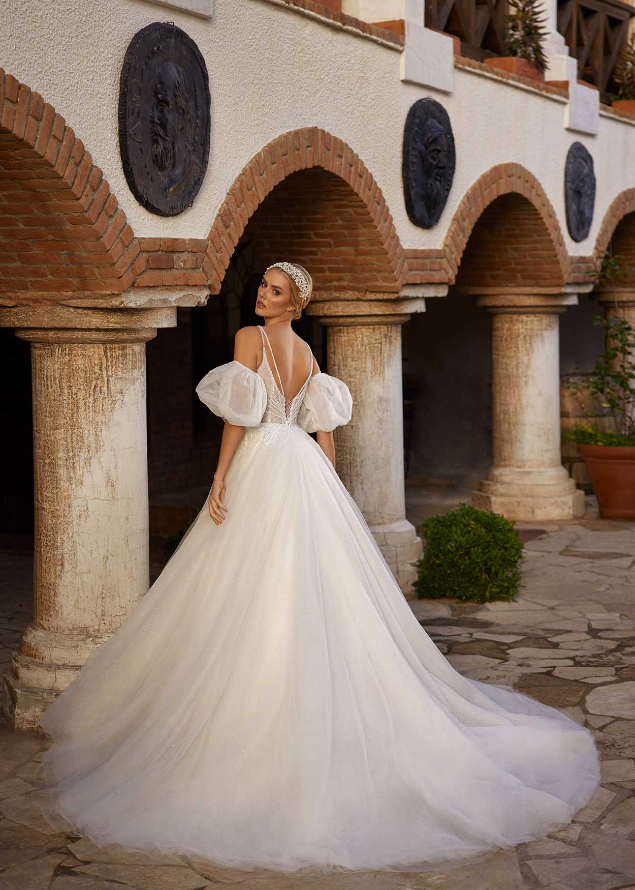 buy chapel train sheer chiffon floral lace with beadings corset bodice and puff detachable sleeves wedding dress online bridal shop