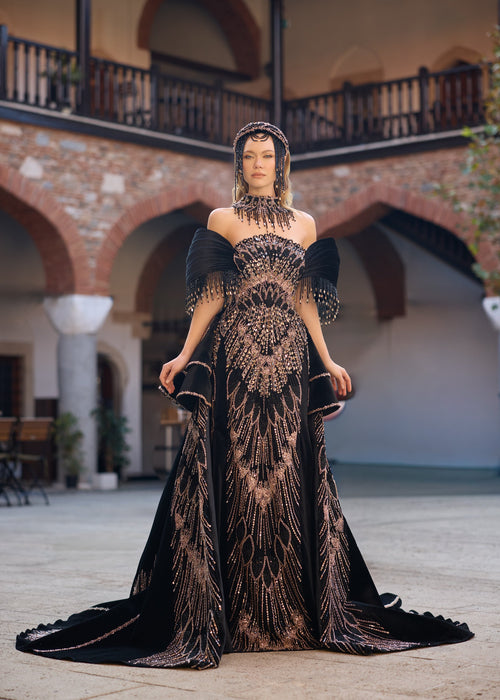 Luxury Handmade Velvet Henna Dress with Detachable Skirt,