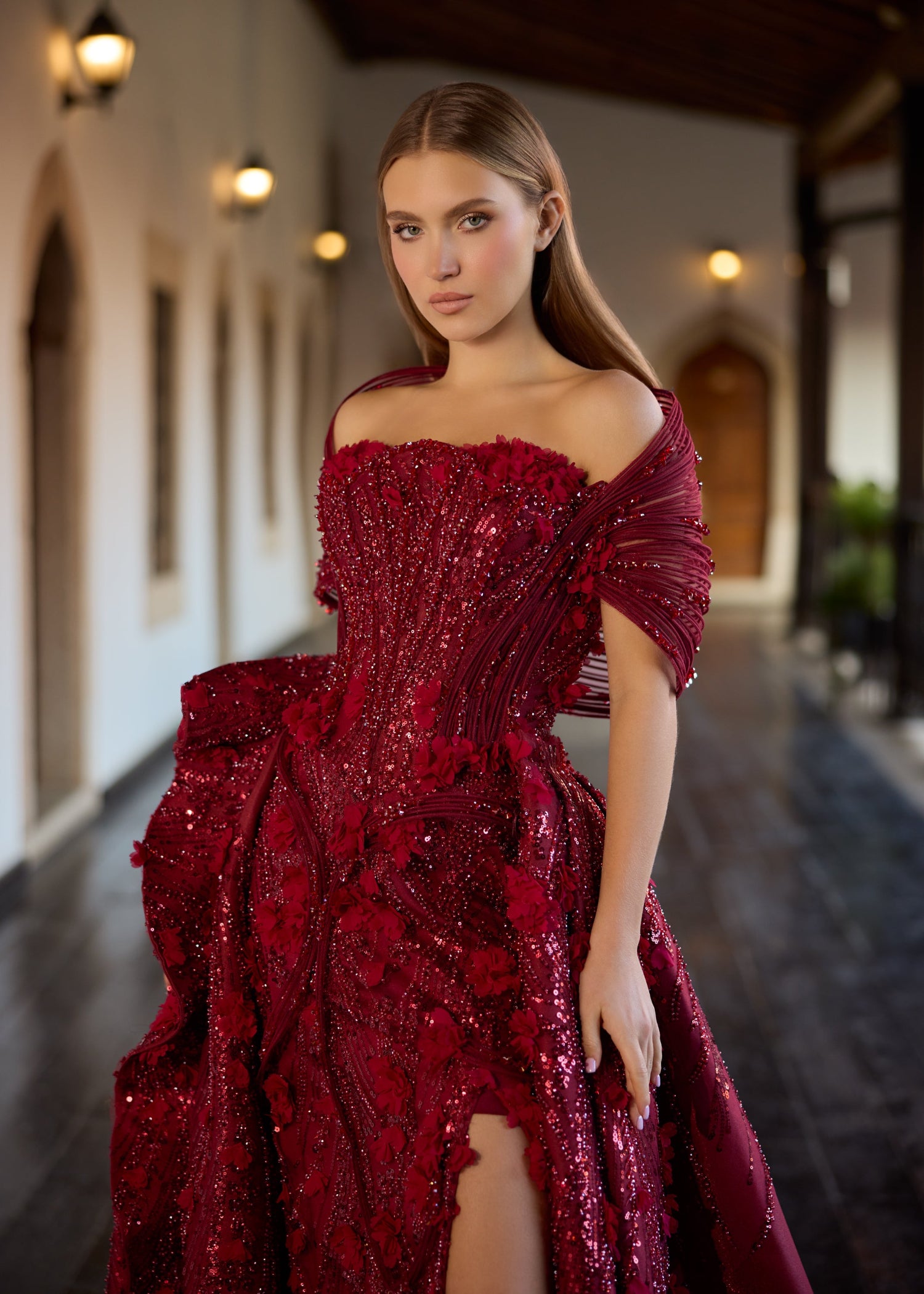 Burgundy 3D Floral Henna Gown with Detachable Skirt & Slit