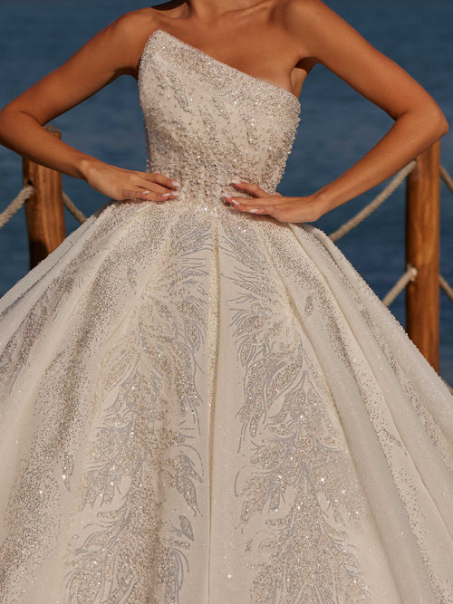 Fancy Asymmetrical Neck Open Back Petite Off The Shoulder Wedding Gown 38