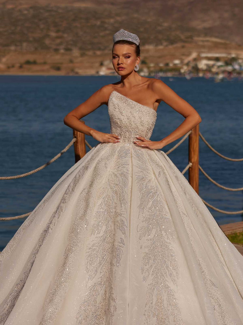 Fancy Asymmetrical Neck Open Back Petite Off The Shoulder Wedding Gown 36