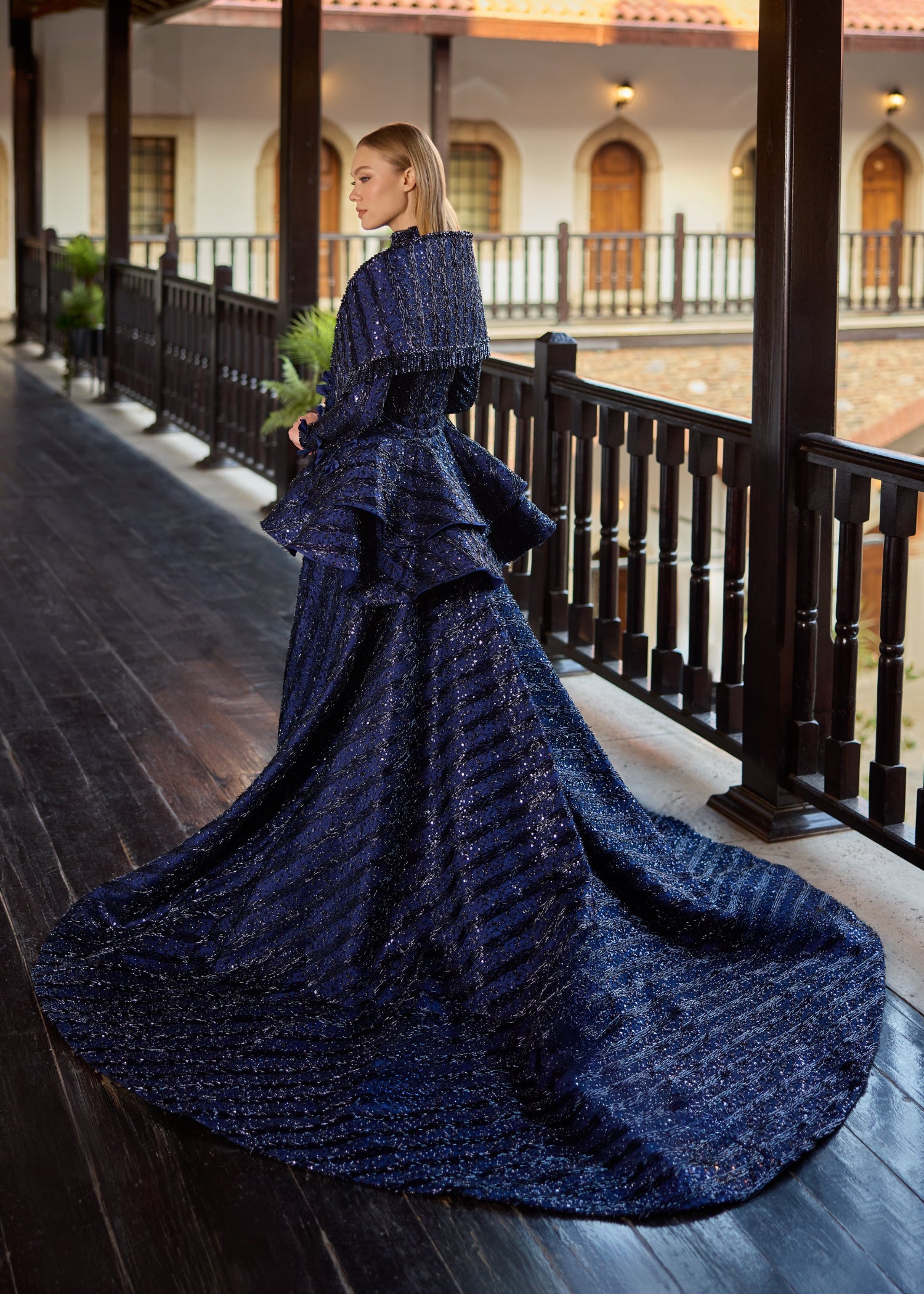 Navy Blue Hand-Beaded Modest Gown with Detachable Skirt & Shawl | Customizable to Modern Strapless