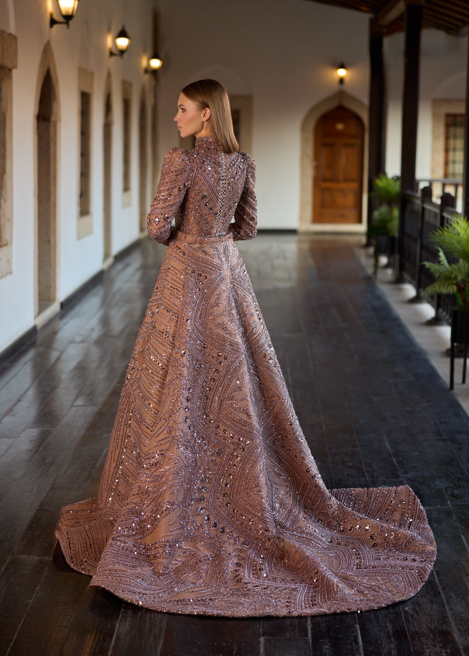 2-in-1 Hand-Beaded Modest Rose Gold Gown
