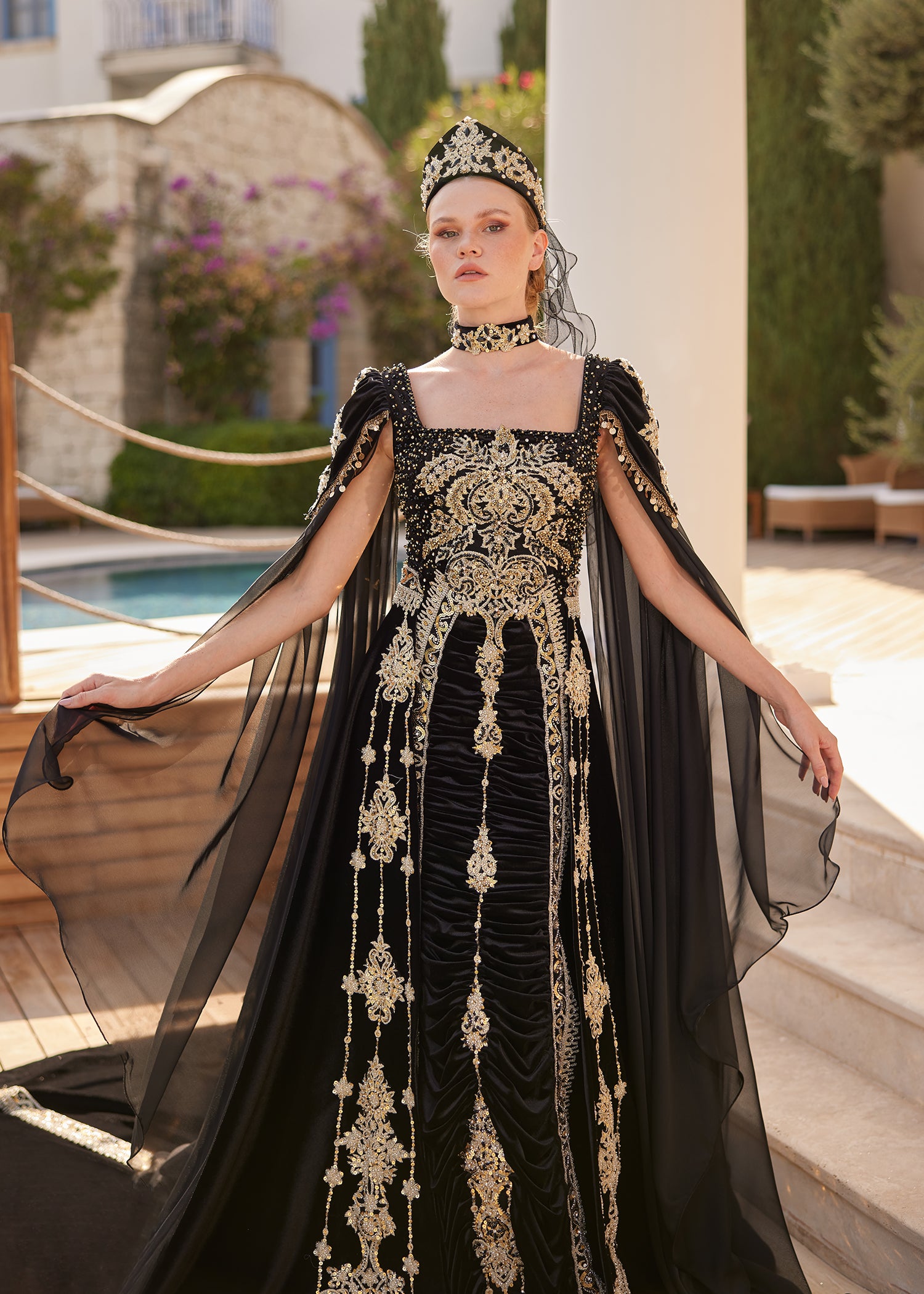 buy Black Cape Sleeve Square Neck Formal Kaftan Gown Dress