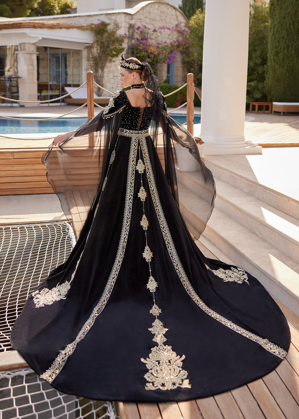 Black Cape Sleeve Square Neck Formal Kaftan Gown Dress 36 Black Cape Sleeve Square Neck Formal Kaftan Gown Dress 36