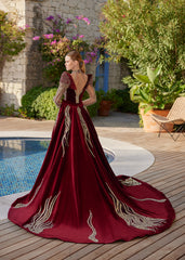 buy  illusion sleeve gold lace embroidered plunging neck burgundy online party gowns website store