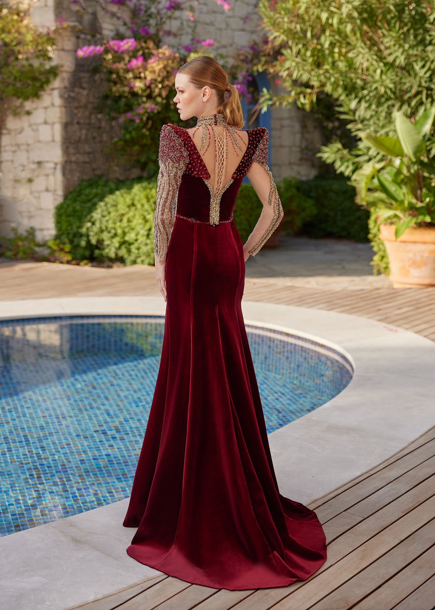 buy burgundy velvet trumpet gol embellished tulle sleeves henna gown dress online ball gowns store
