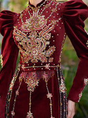 Mahoitres Sleeve velvet turtle neck party dress online store buy elegant muslim embroidered dresses