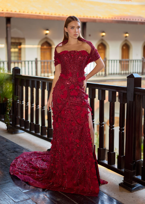 Full-length front view of the inner burgundy mermaid henna dress with the outer skirt detached, showcasing a thigh-high leg slit, hand-applied 3D flower petals, and a unique off-the-shoulder ribbed draped collar.