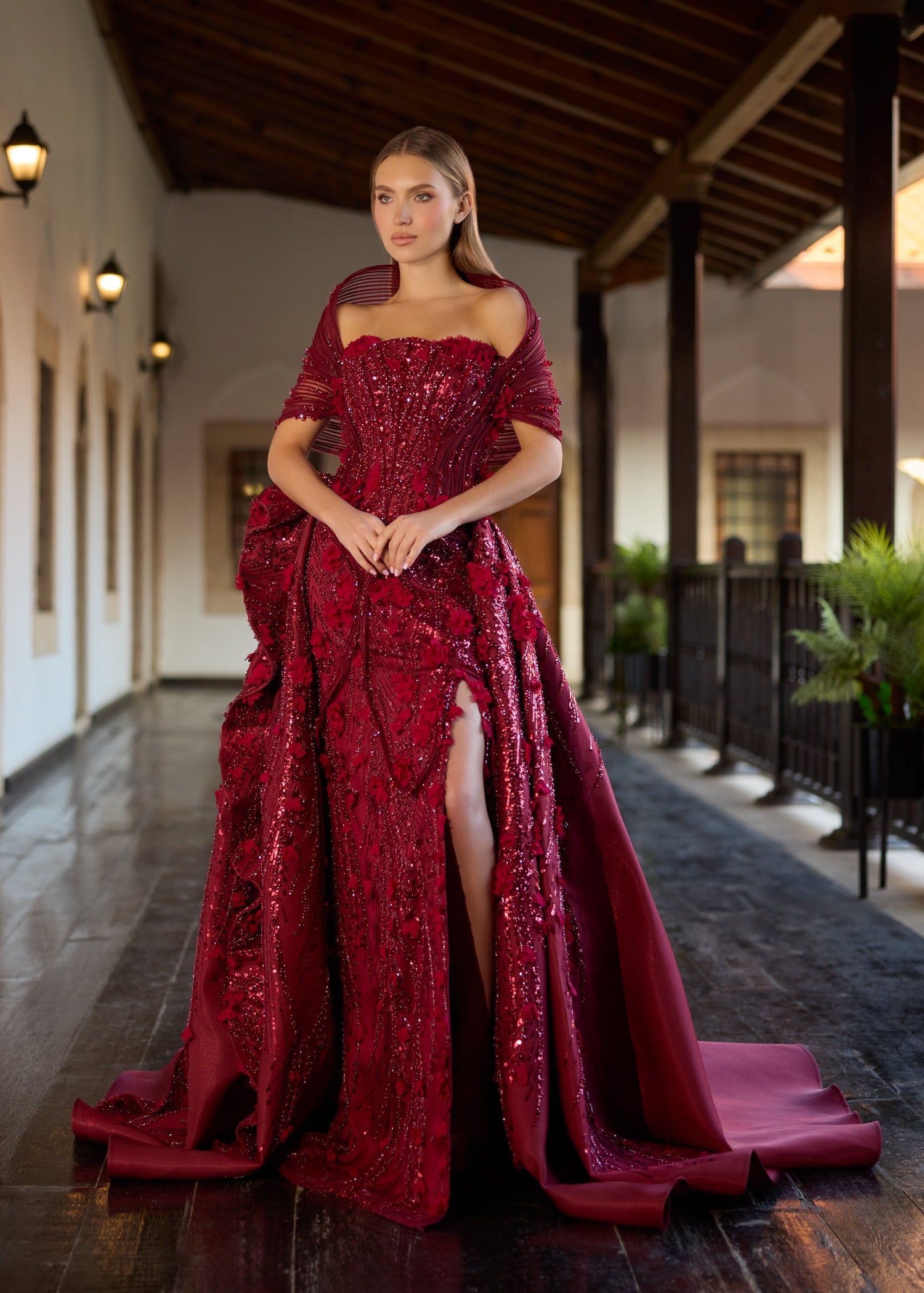 Burgundy 3D Floral Henna Gown with Detachable Skirt & Slit