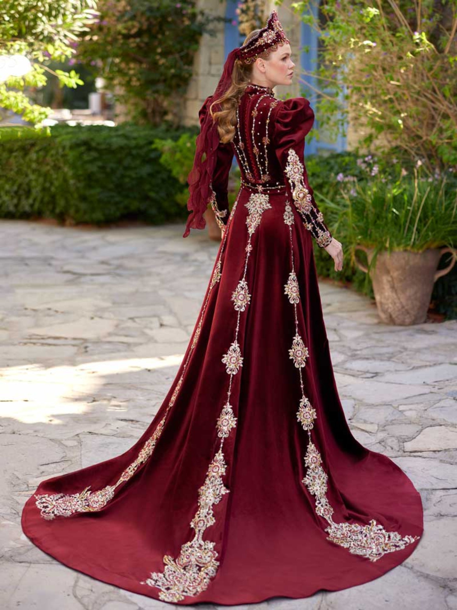 Burgundy Juliet Sleeve Maxi Muslim Henna Dress With Embroidery 42