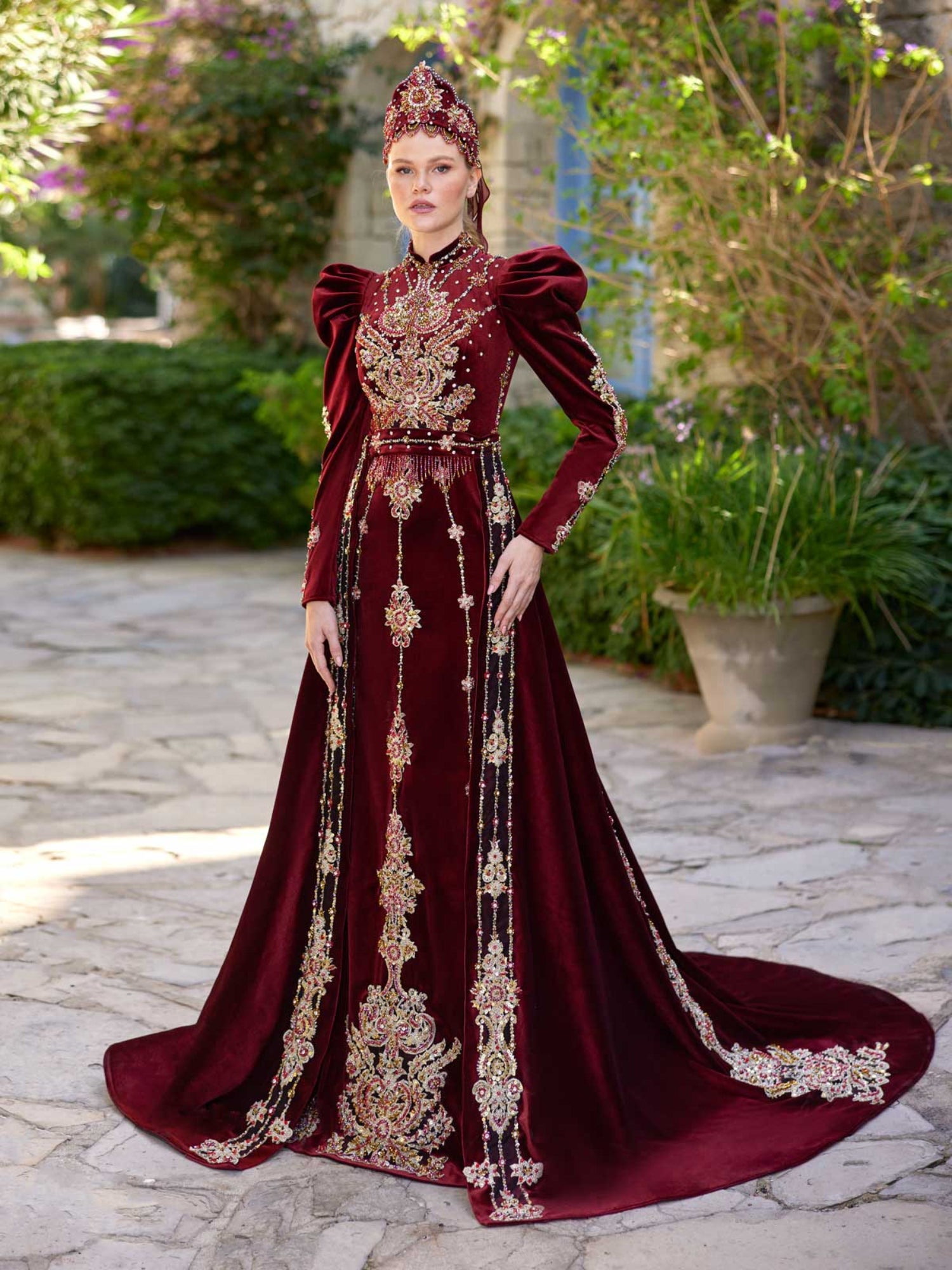 Burgundy Juliet Sleeve Maxi Muslim Henna Dress With Embroidery 42